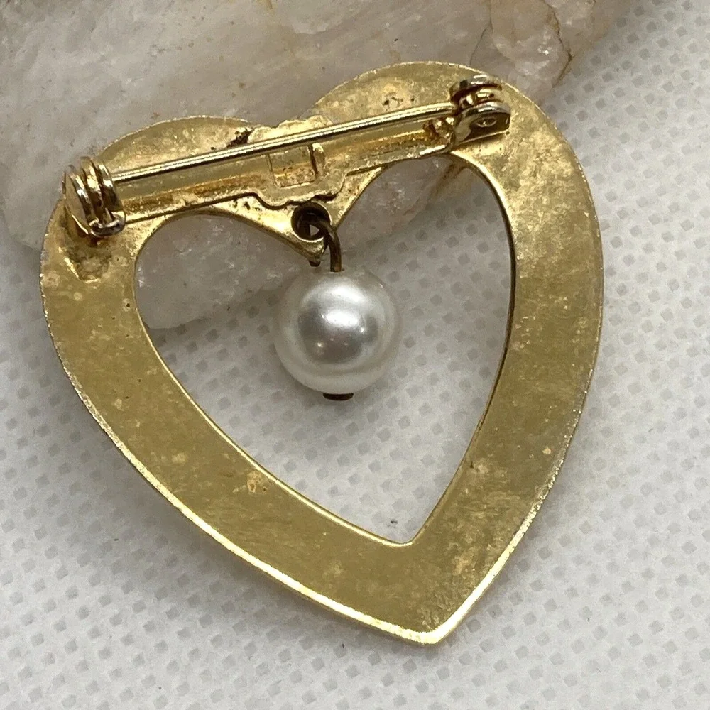 Vintage Lot of 4 Gold Tone Silver Tone Heart Brooch Birds Rhinestone Faux Pearl